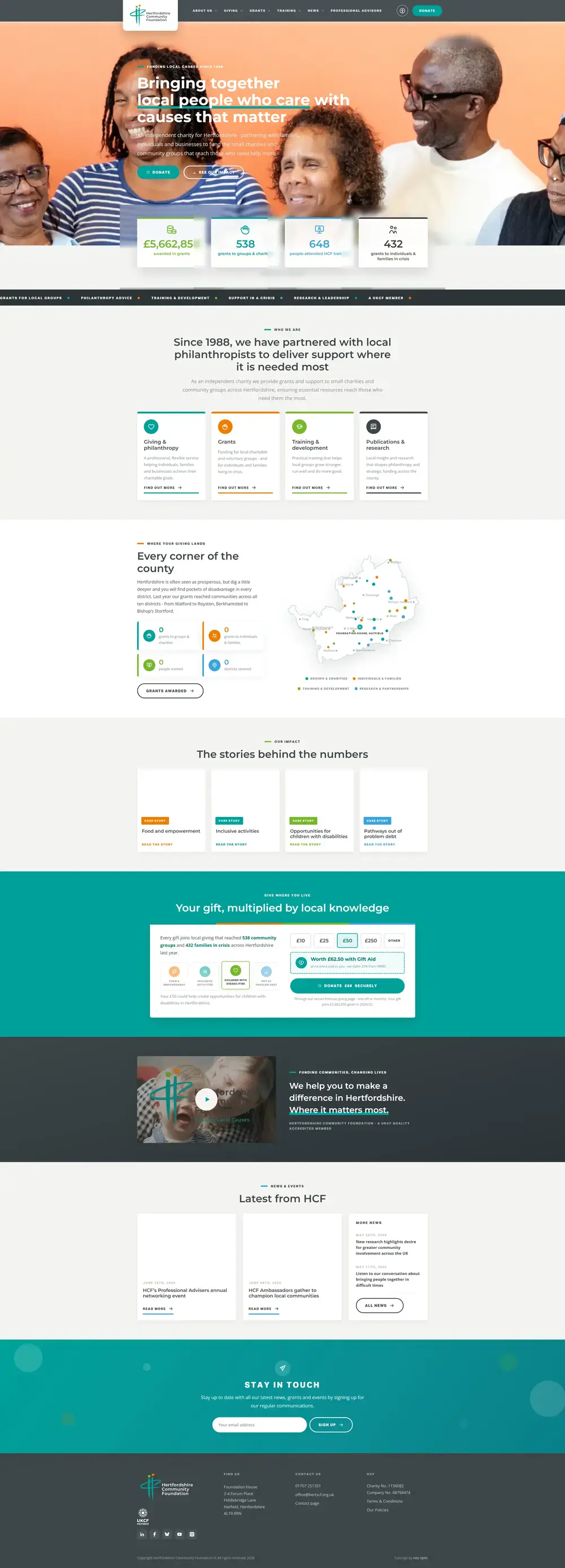 Full-page scrolling preview of a community foundation and charitable impact website