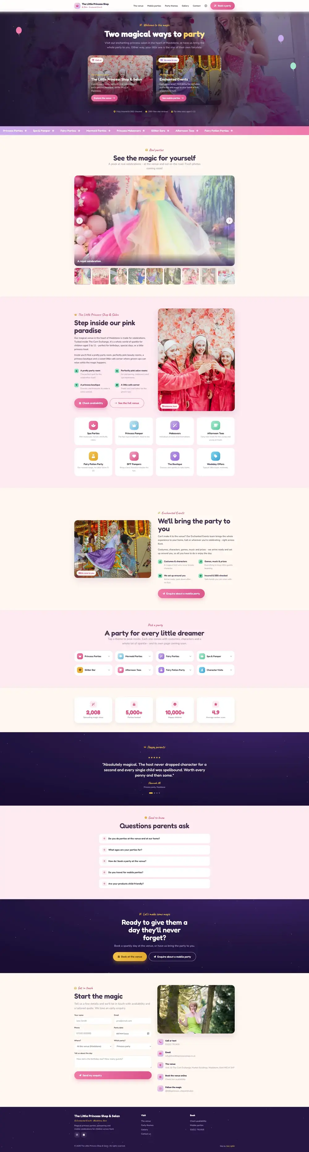 Full-page scrolling preview of a children’s celebration and experience website